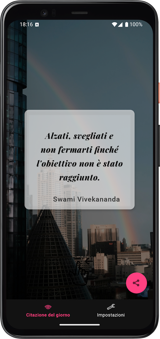 Citazione motivazionale di Swami Vivekananda con skyline al tramonto