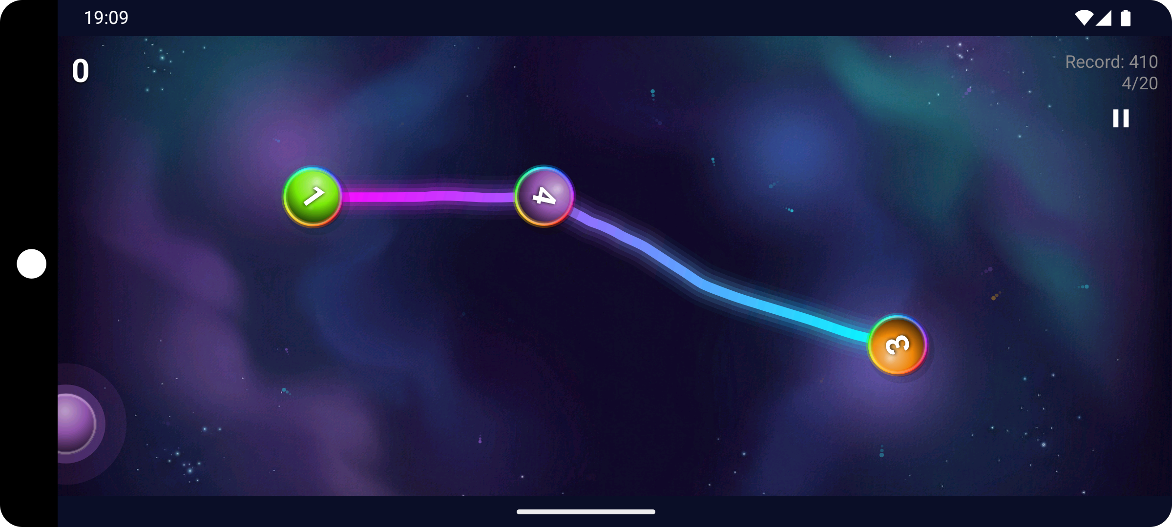 Gameplay di Mega 8 - traccia percorsi luminosi tra sfere colorate