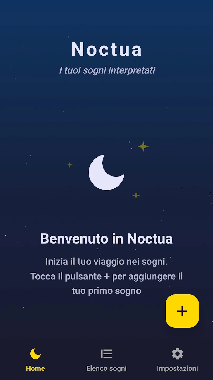 Schermata Home di Noctua con luna e messaggio di benvenuto