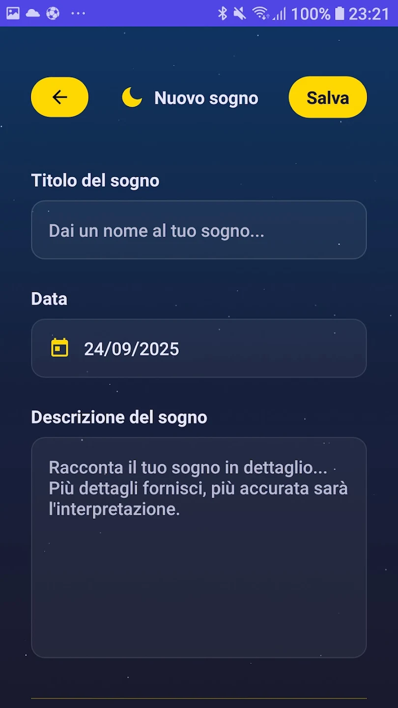 Form per aggiungere un nuovo sogno in Noctua